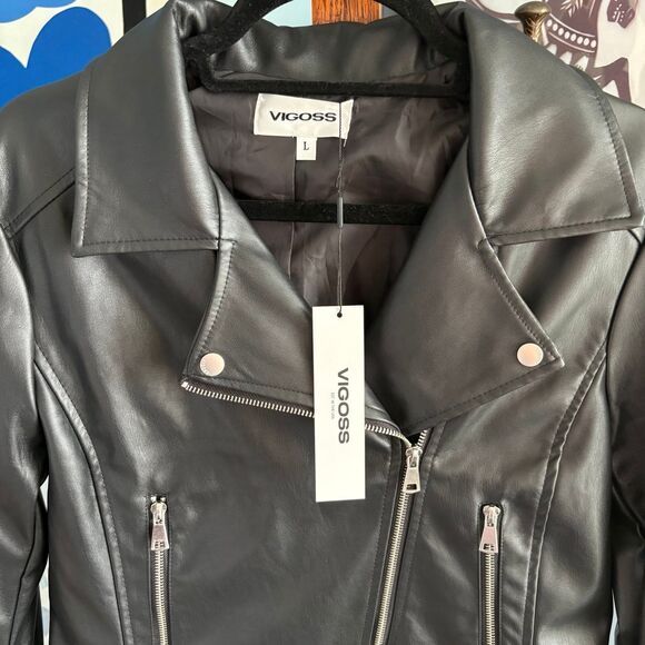 NWT Vigoss Vegan Leather Black Motorcycle Jacket w/ Silver Hardware size L - Picture 3 of 8